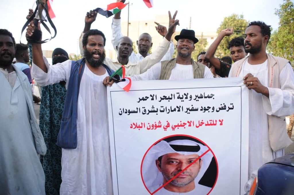 سودانيون يحملون لافتات ترفض تواجد السفير الإماراتي في البلاد